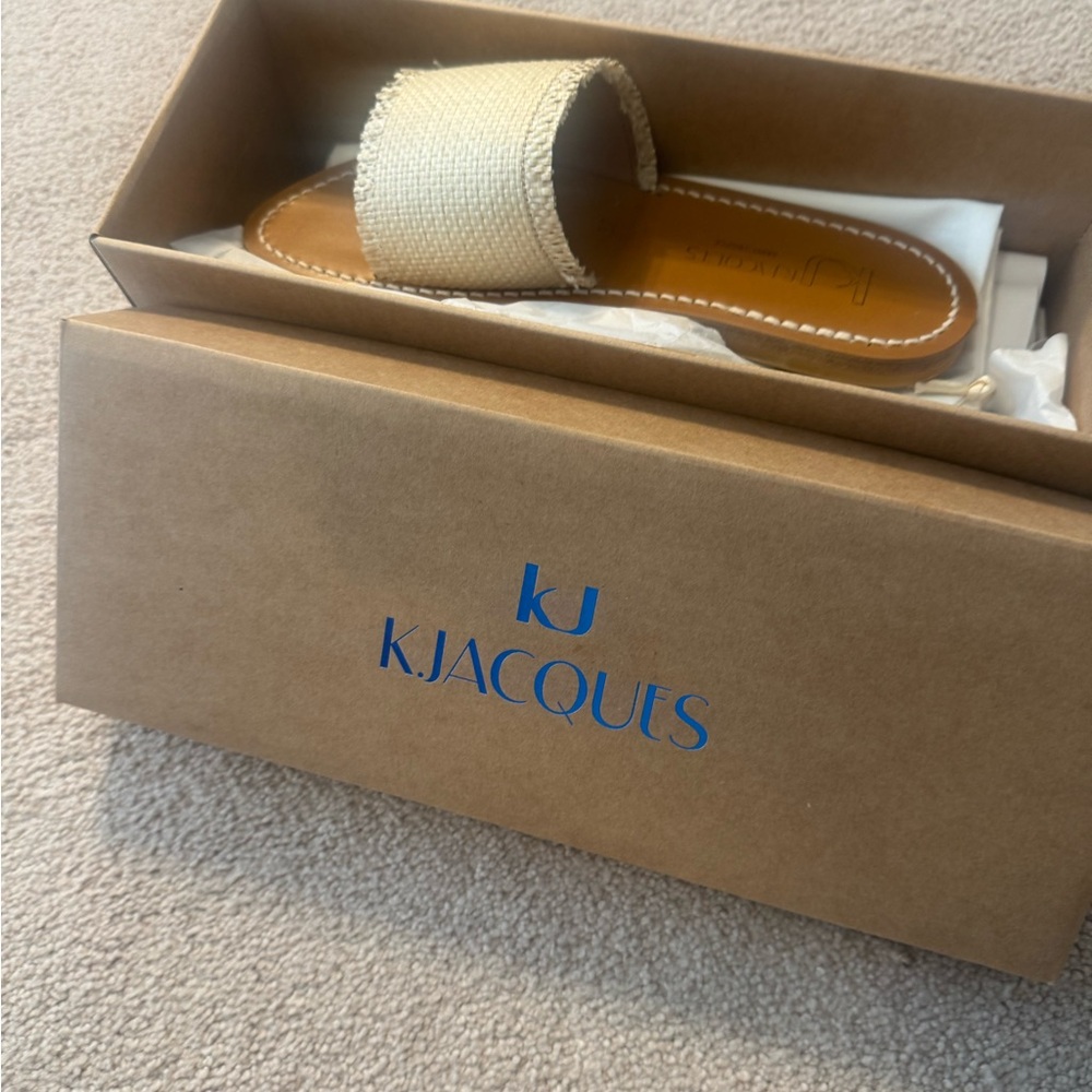 K.Jacques Beige Canvas Slide Sandals with Tan Soles